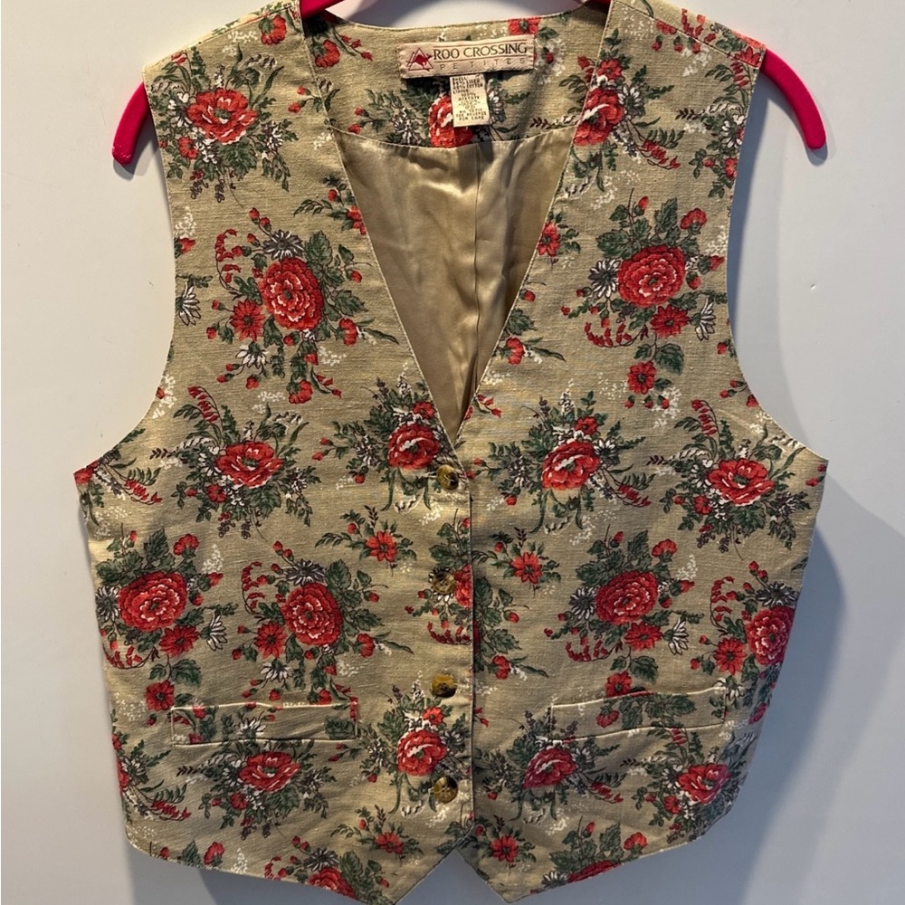 Roo Crossing Petite Women’s Waistcoat Vest Floral Beige Linen Cotten Small Vtg